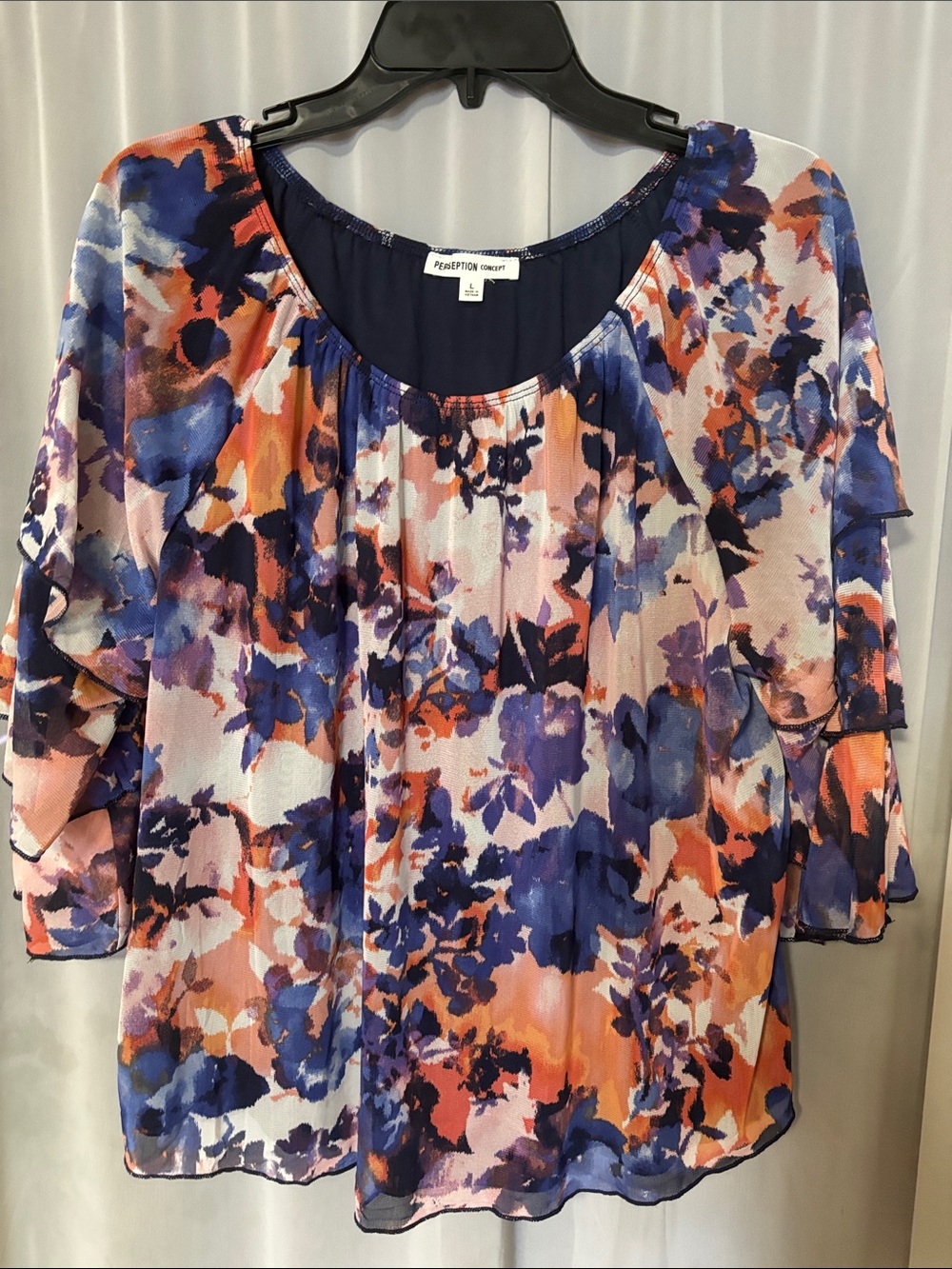 Floral Scoop Neck Blouse in Navy, Coral & Purple